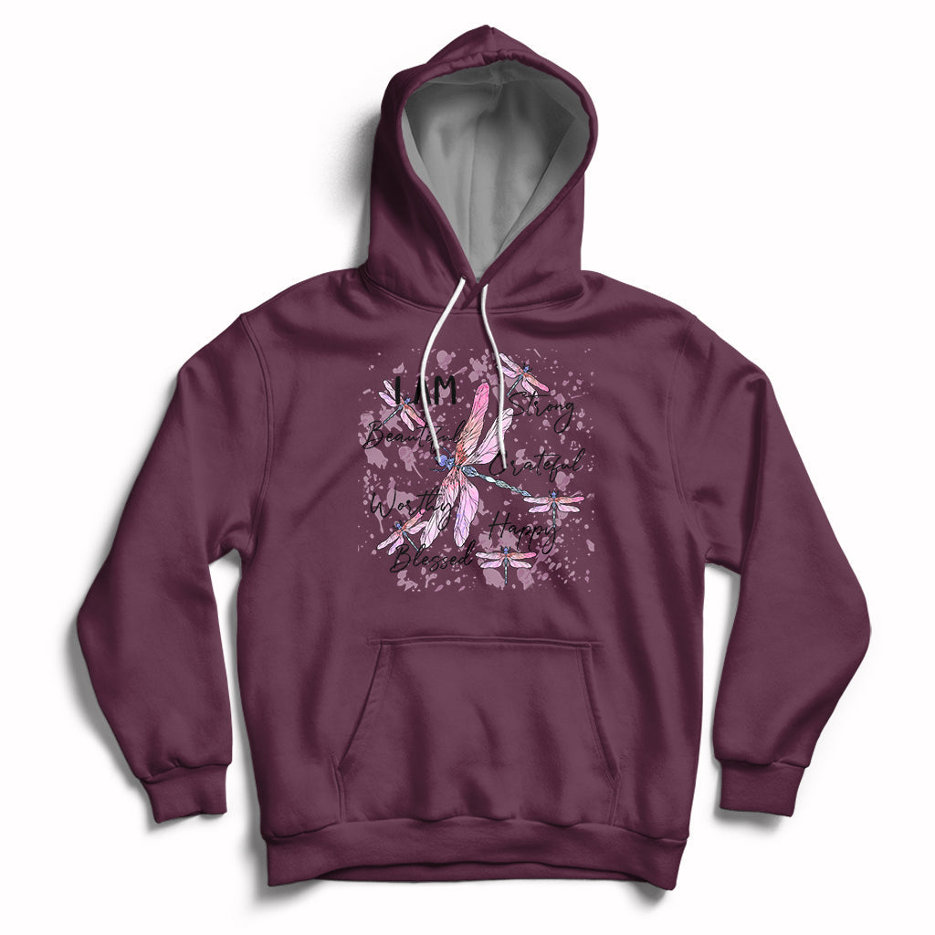 Maroon pullover hoodie with pink dragonfly graphic and front kangaroo pocket