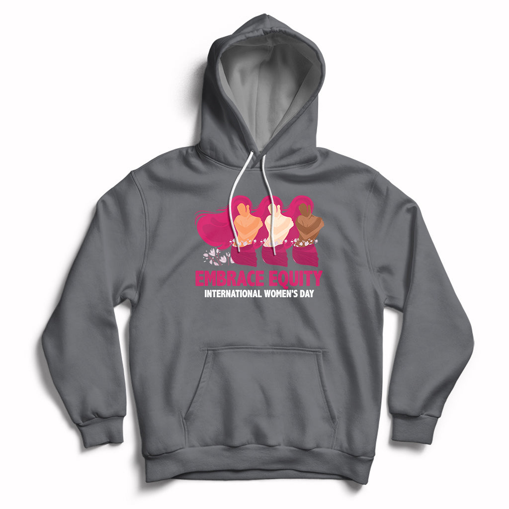 Charcoal women's hoodie with kangaroo pocket, drawstrings, and Embrace Equity graphic