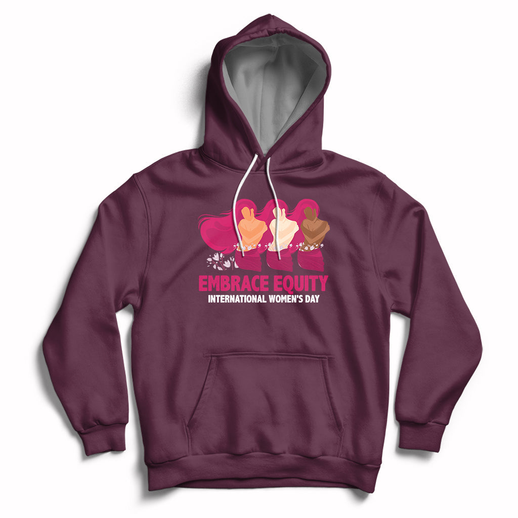 Maroon women's hoodie with kangaroo pocket, drawstrings, and Embrace Equity graphic
