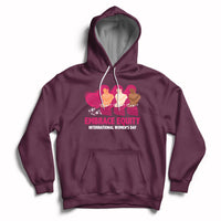 Maroon women's hoodie with kangaroo pocket, drawstrings, and Embrace Equity graphic