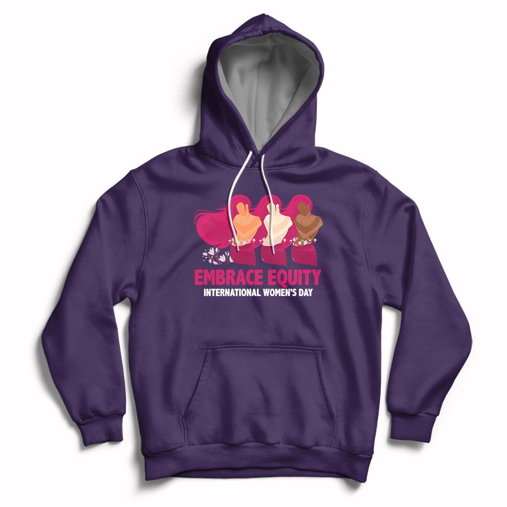 Purple women's hoodie with kangaroo pocket, drawstrings, and Embrace Equity print
