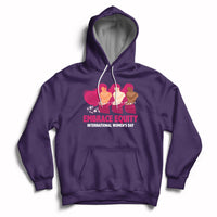 Purple women's hoodie with kangaroo pocket, drawstrings, and Embrace Equity print