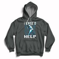 Charcoal gray hoodie with hood and kangaroo pocket, “I KNEE’D HELP” knee graphic