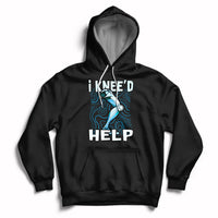 Black hoodie with hood and kangaroo pocket, “I KNEE’D HELP” knee graphic