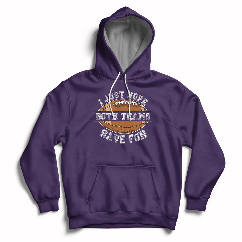 Purple pullover hoodie with front pocket and “Both Teams Have Fun” graphic