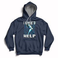 Navy hoodie with hood and kangaroo pocket, “I KNEE’D HELP” knee graphic