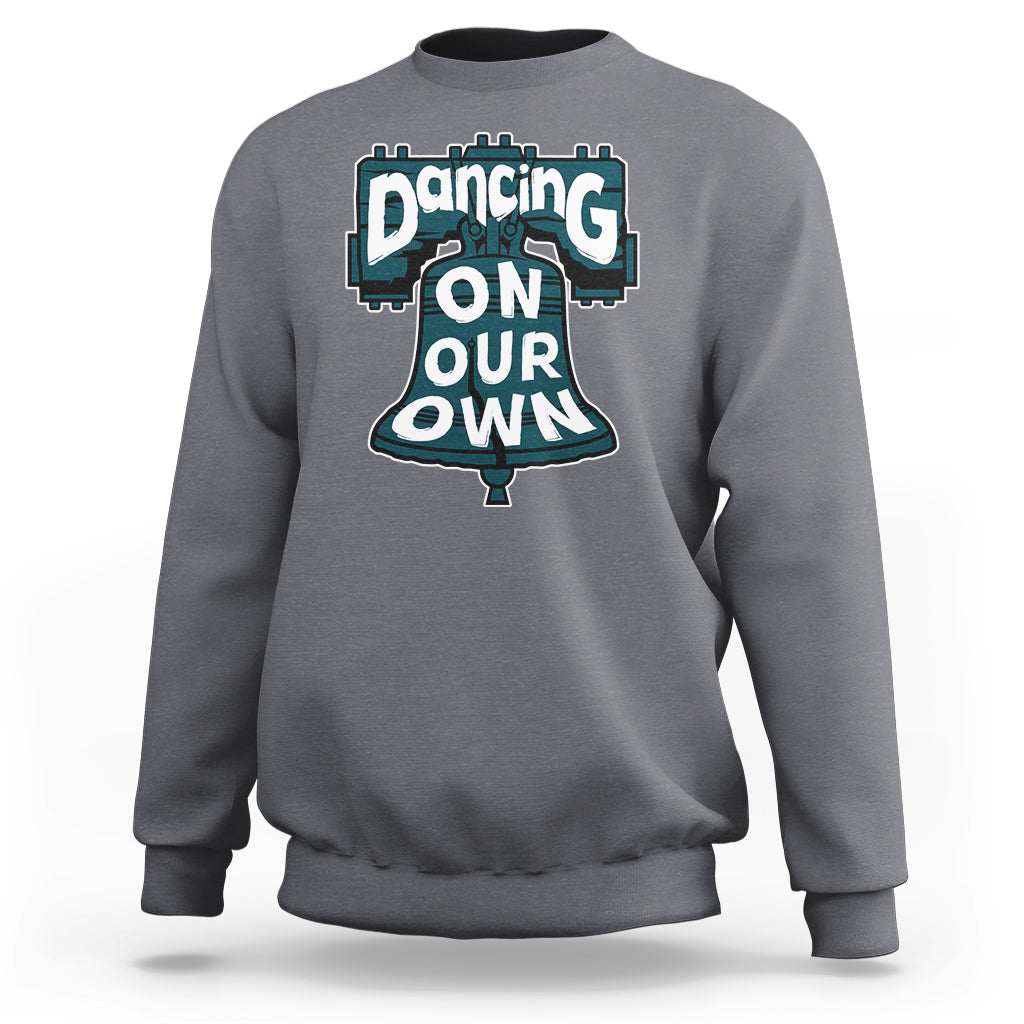 Light gray crewneck sweatshirt for adults with large front slogan graphic
