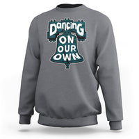 Light gray crewneck sweatshirt for adults with large front slogan graphic