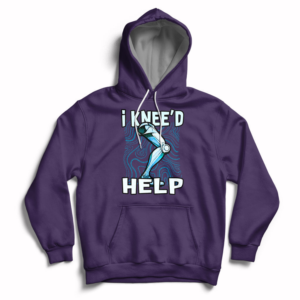 Purple hoodie with hood and kangaroo pocket, “I KNEE’D HELP” knee graphic