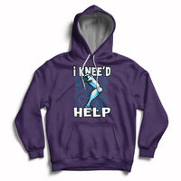 Purple hoodie with hood and kangaroo pocket, “I KNEE’D HELP” knee graphic