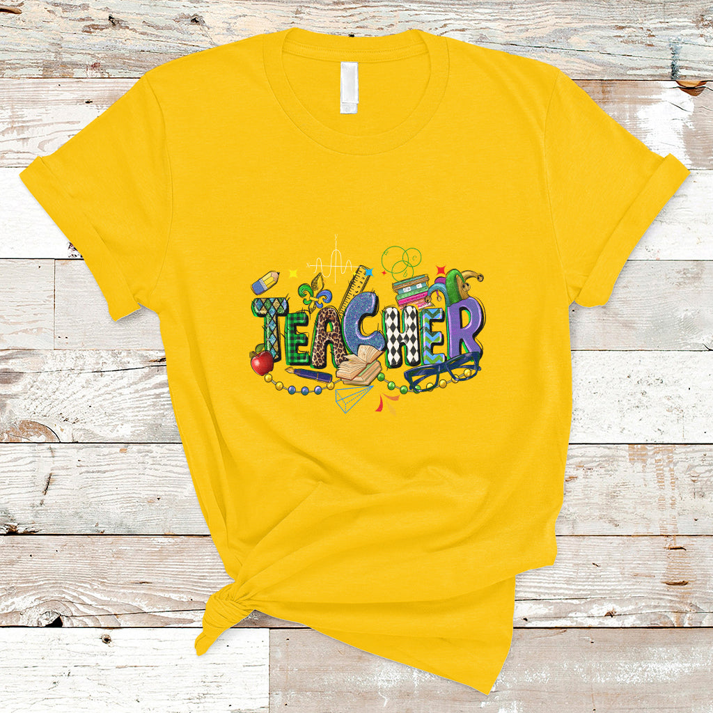 Mardi Gras Teacher Costume Teacher Day Carnival Mask Beads T-Shirt - Wonder Print Shop