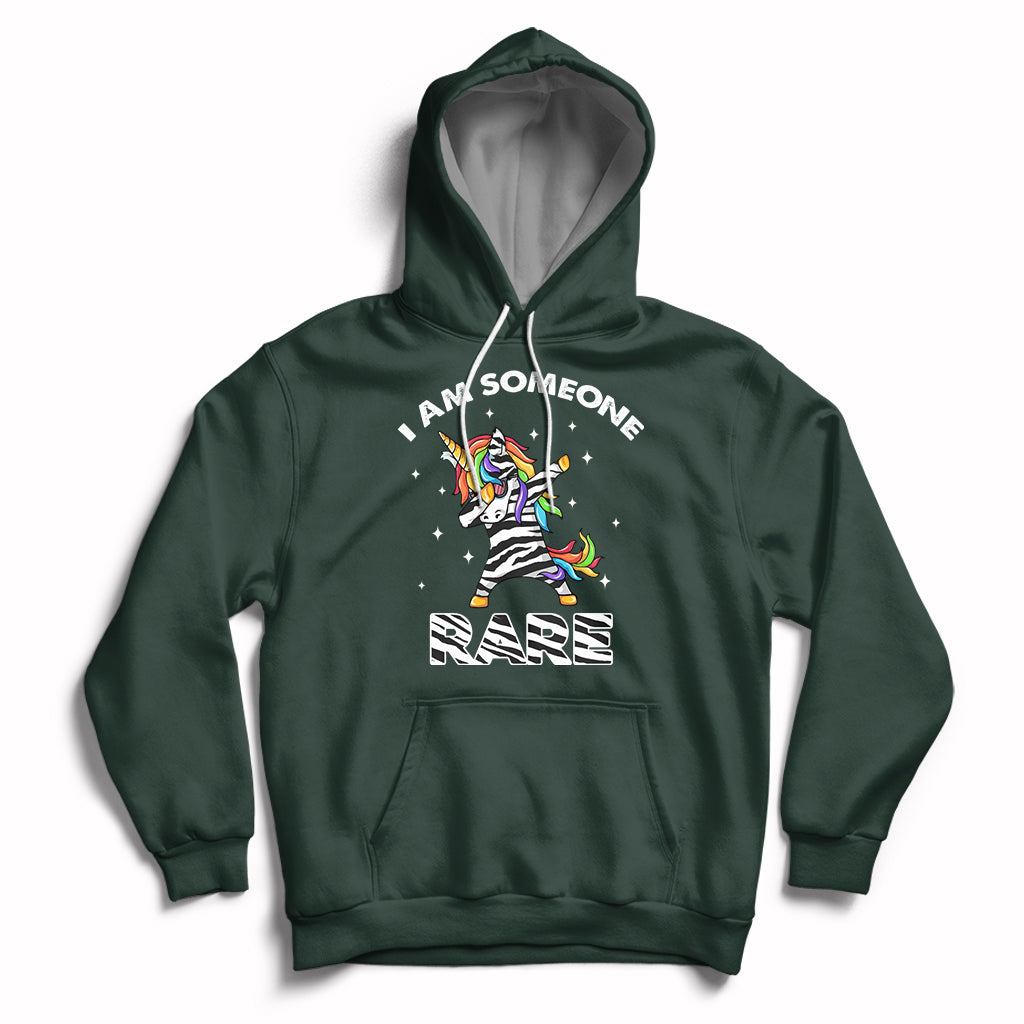 Forest green hoodie with rainbow zebra unicorn graphic, front pocket and drawstring hood