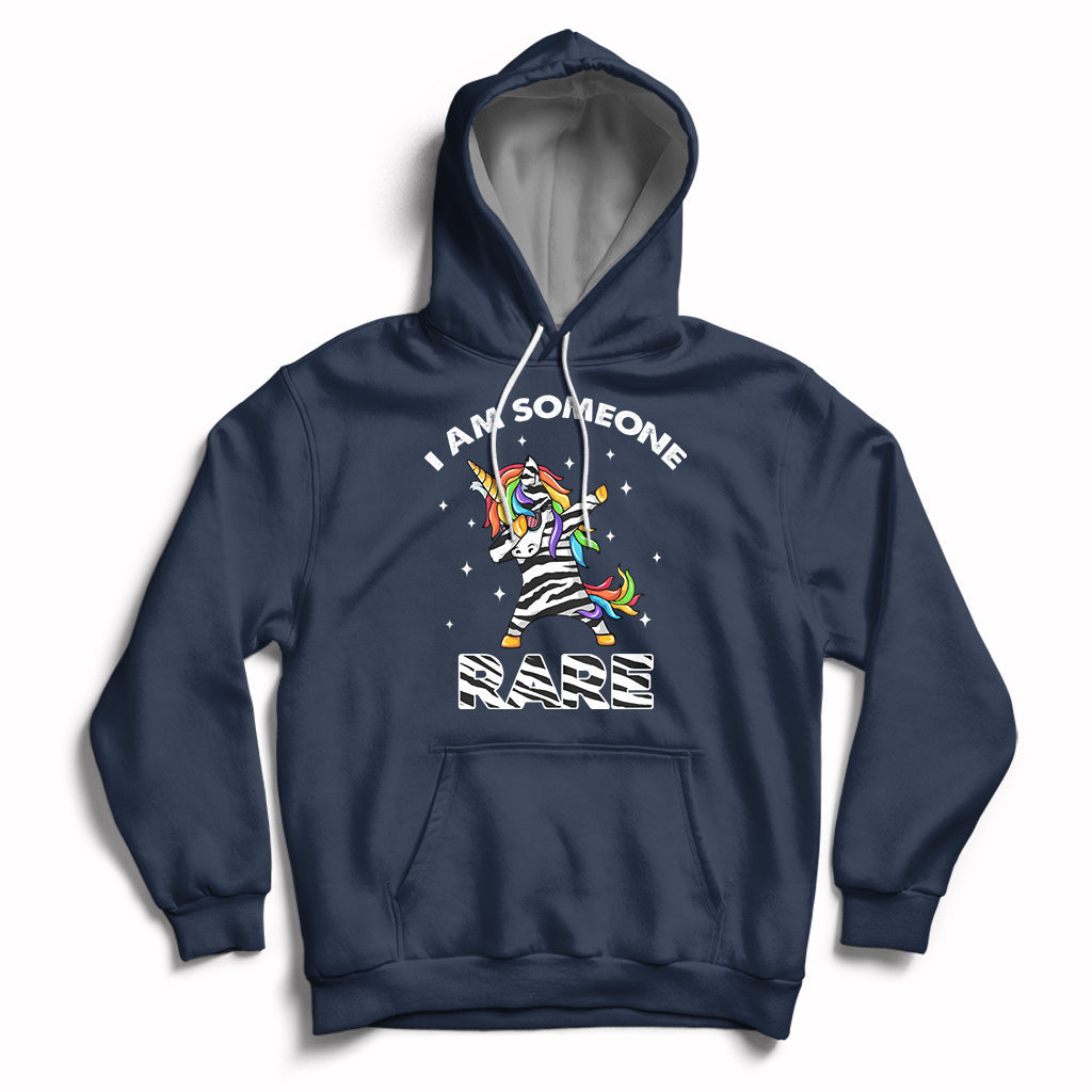 Navy hoodie with rainbow zebra unicorn graphic, front pocket and drawstring hood