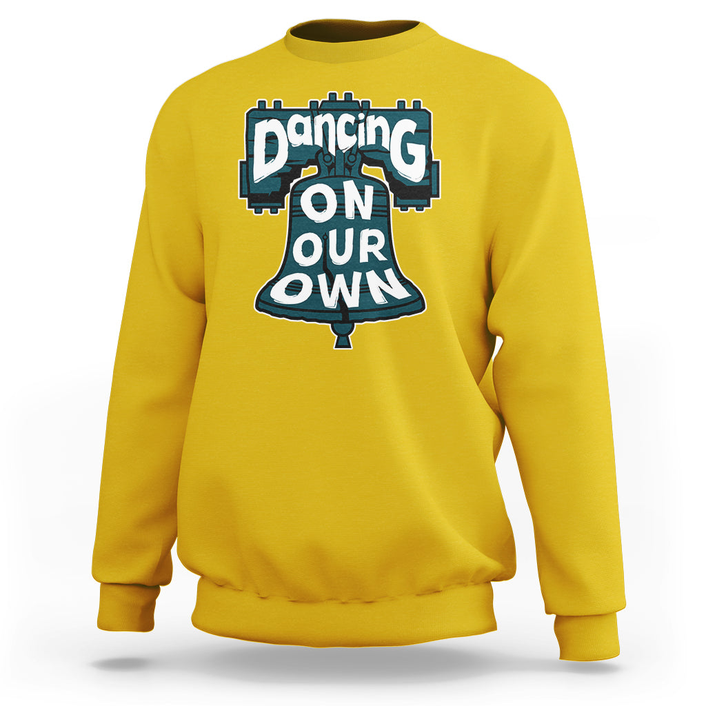 Mustard yellow crewneck sweatshirt for adults with large front slogan graphic