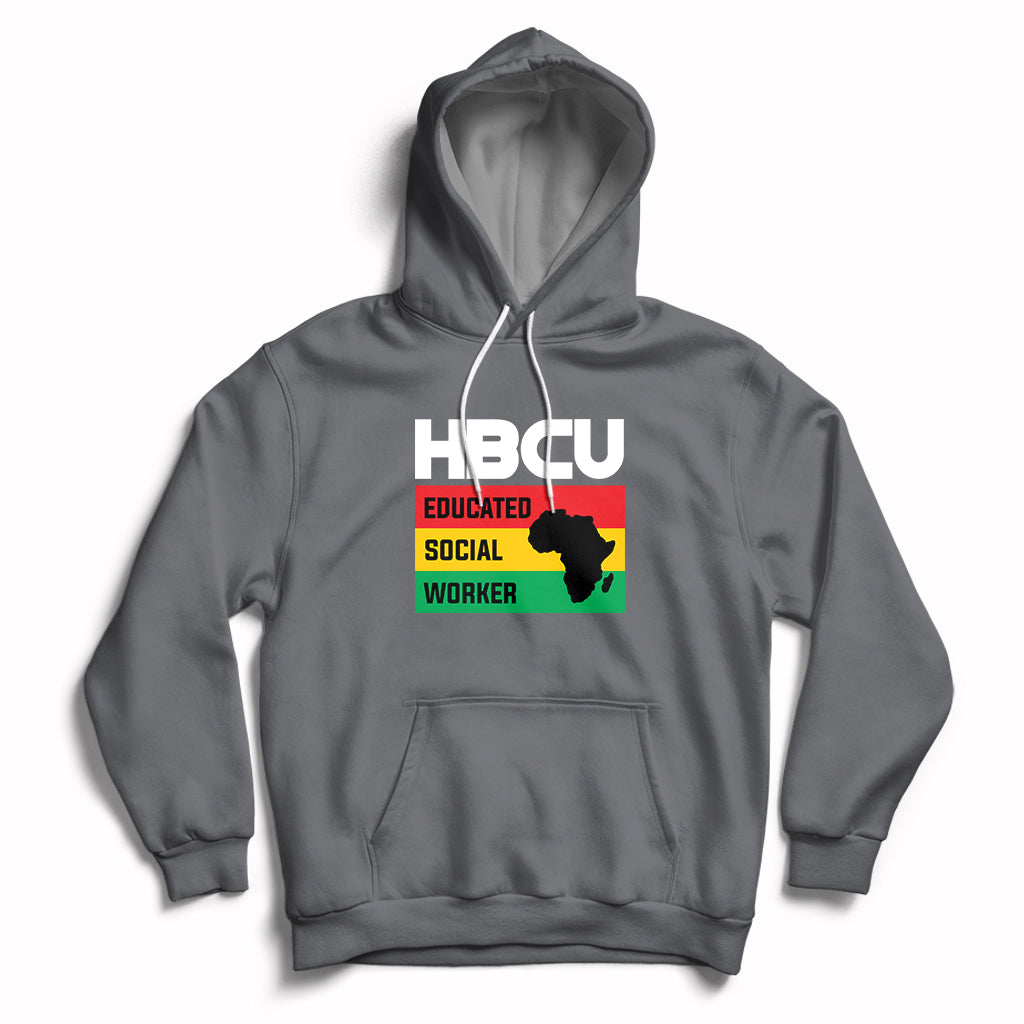Charcoal pullover hoodie with front pocket, hood drawstrings, HBCU social worker graphic