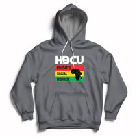 Charcoal pullover hoodie with front pocket, hood drawstrings, HBCU social worker graphic