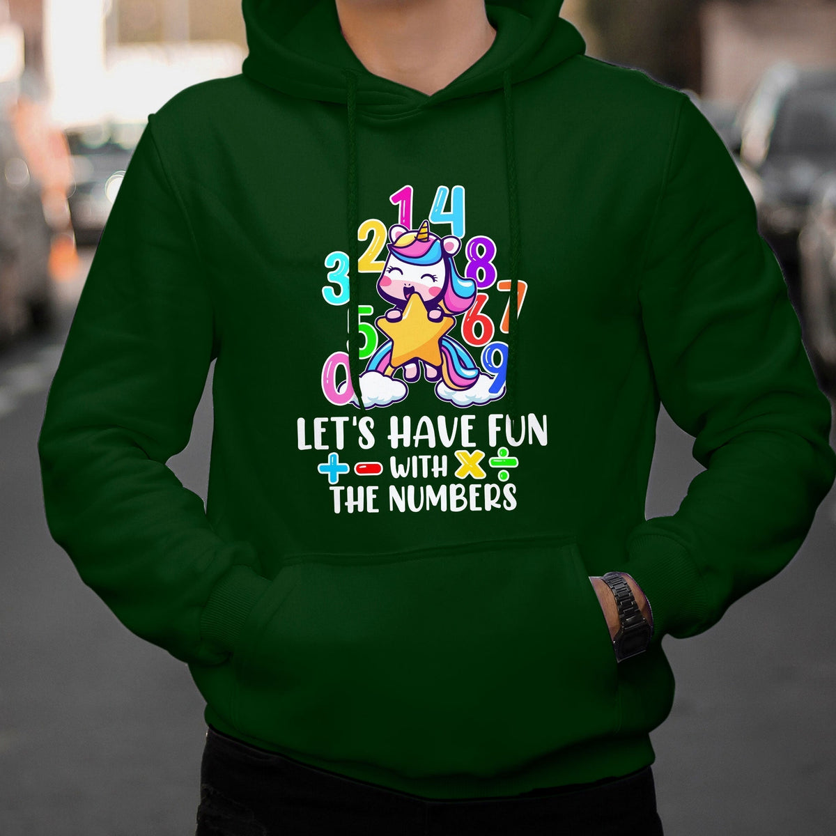 Green kids hoodie with colorful unicorn number graphic and slogan on the front