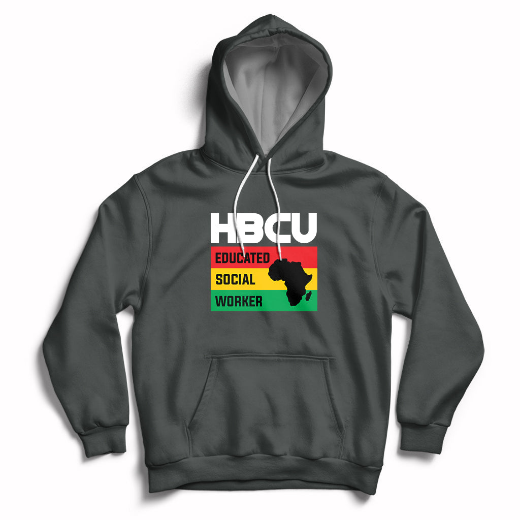 Dark heather pullover hoodie with front pocket, hood drawstrings, HBCU social worker graphic