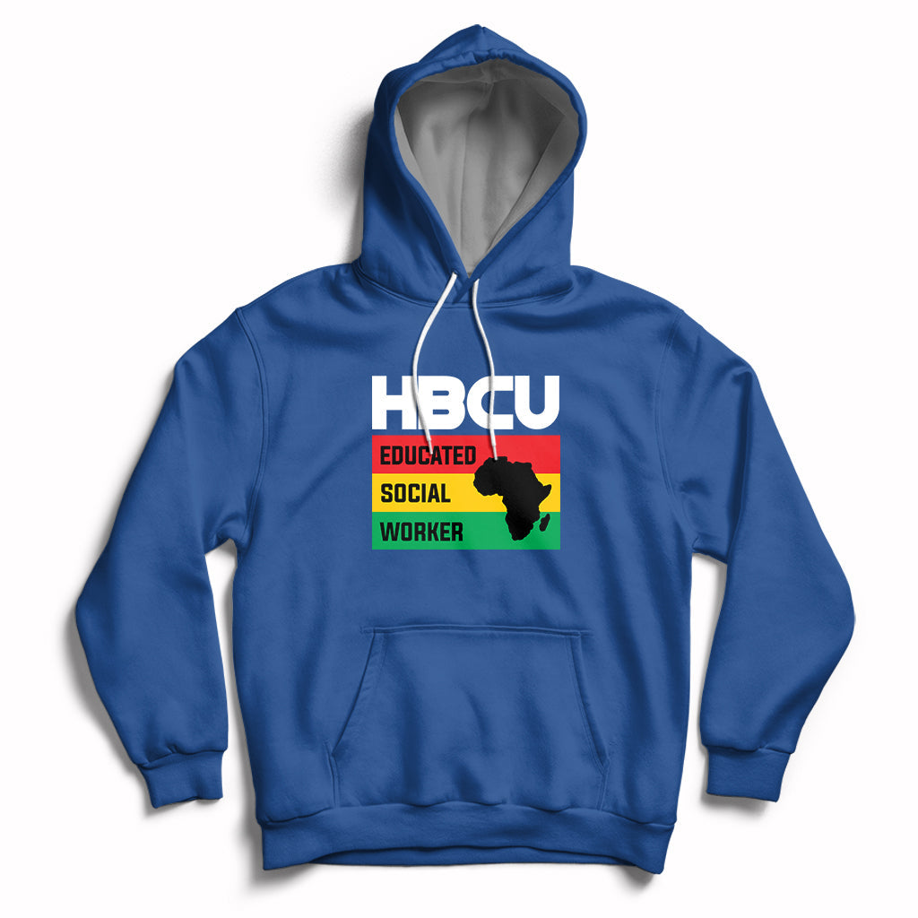 Royal blue pullover hoodie with front pocket, hood drawstrings, HBCU social worker graphic
