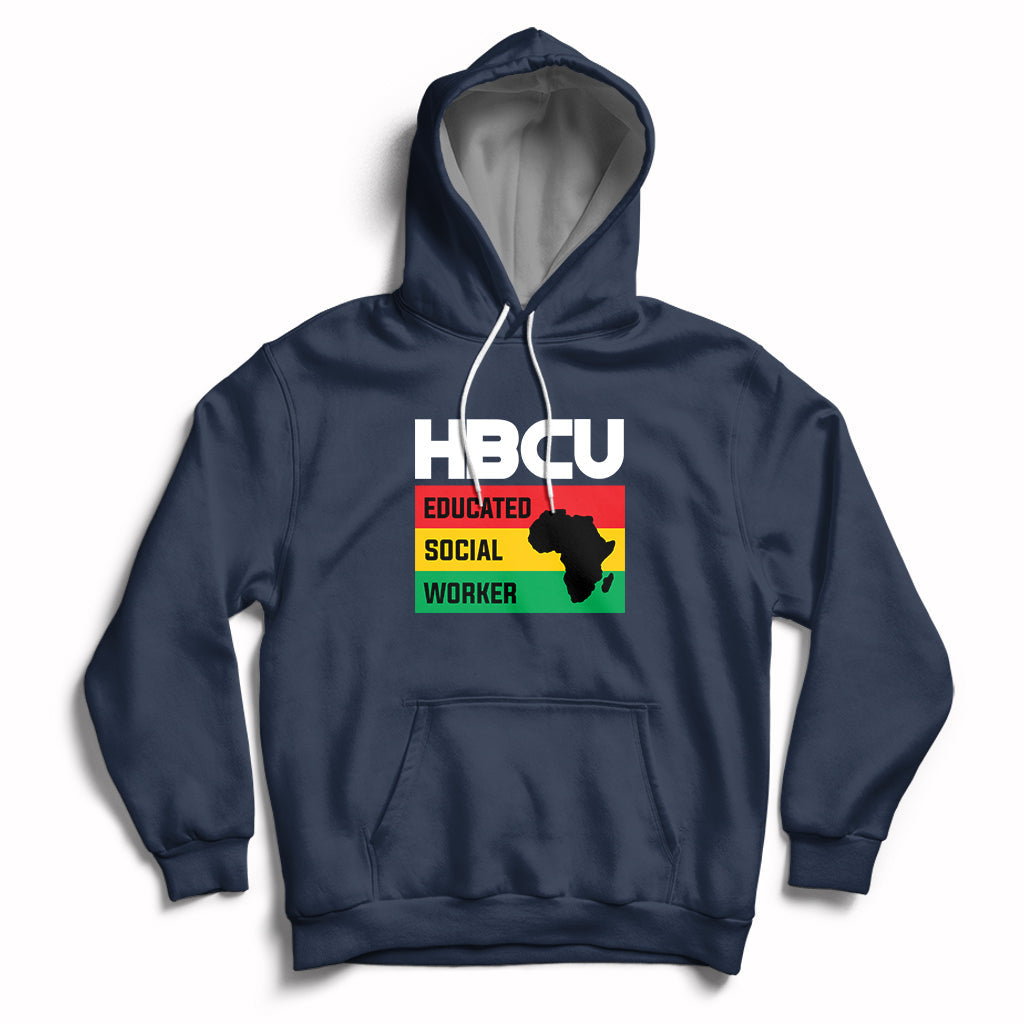 Navy pullover hoodie with front pocket, hood drawstrings, HBCU social worker graphic