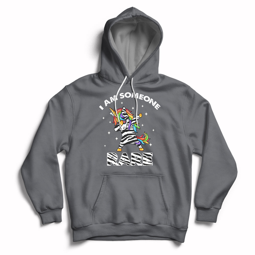 Charcoal gray hoodie with rainbow zebra unicorn graphic, front pocket and drawstring hood