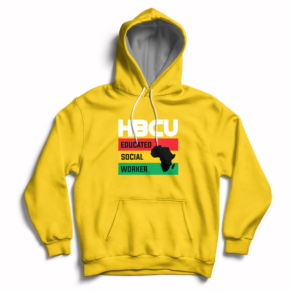 Daisy yellow pullover hoodie with front pocket, hood drawstrings, HBCU social worker graphic
