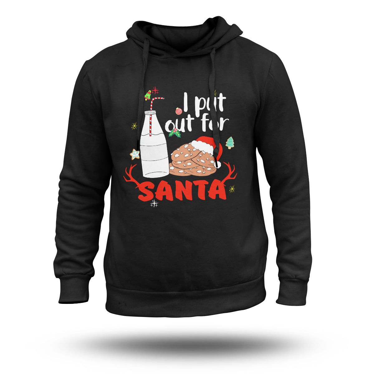 Black pullover hoodie with Santa cookie and milk graphic, drawstring hood