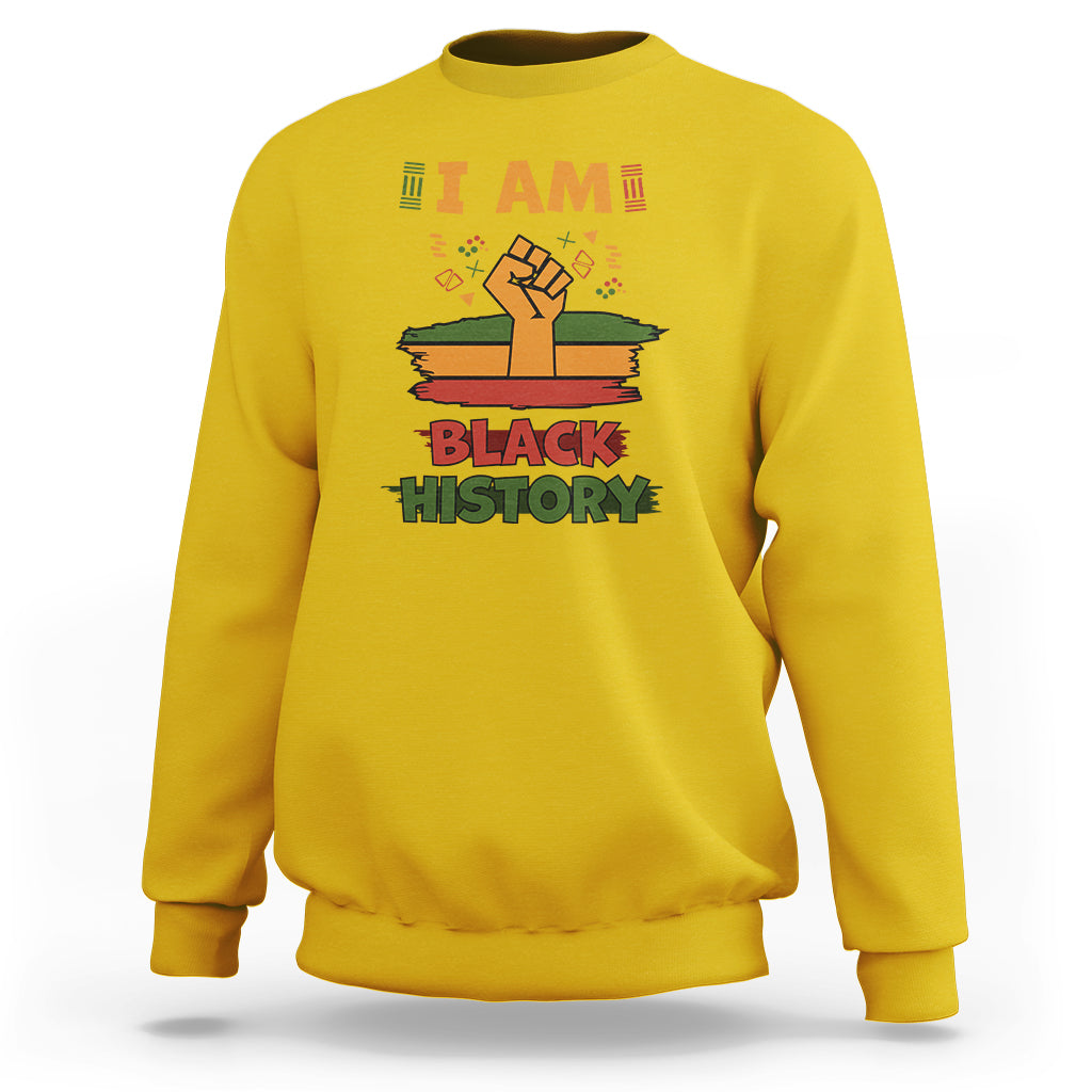 Yellow crewneck sweatshirt with 'BLACK HISTORY' pride graphic on front