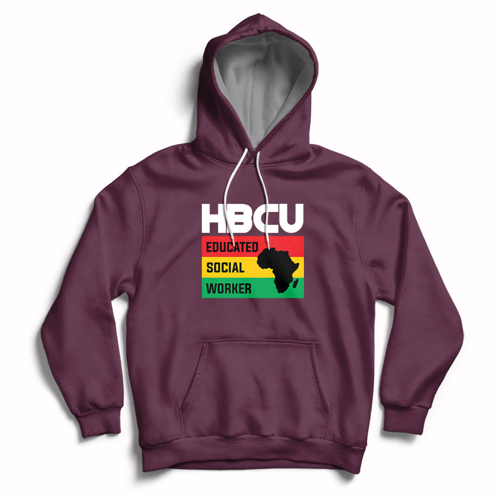 Maroon pullover hoodie with front pocket, hood drawstrings, HBCU social worker graphic