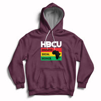 Maroon pullover hoodie with front pocket, hood drawstrings, HBCU social worker graphic