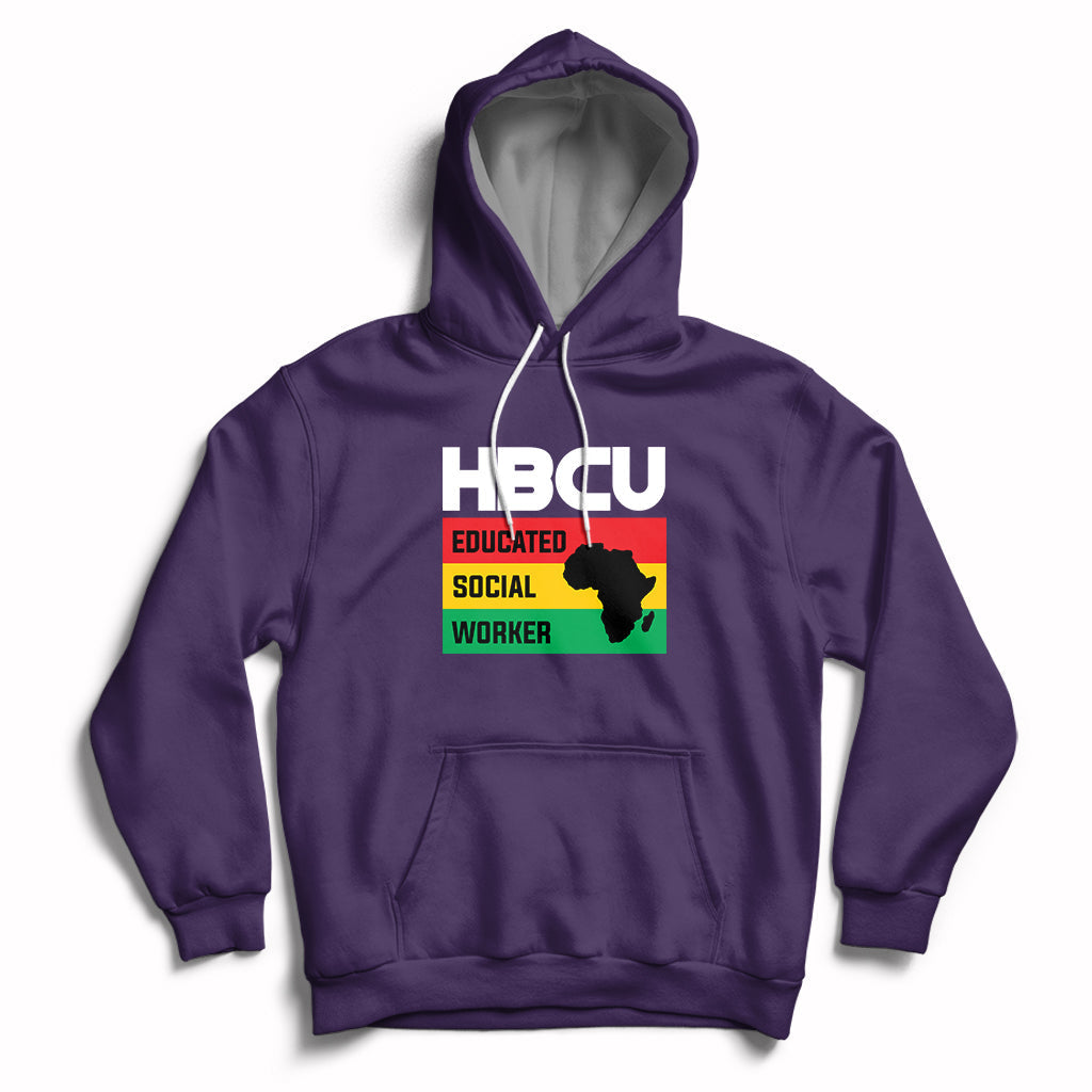 Purple pullover hoodie with front pocket, hood drawstrings, HBCU social worker graphic