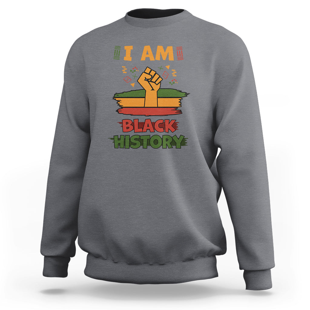 Light gray crewneck sweatshirt with 'BLACK HISTORY' pride graphic on chest