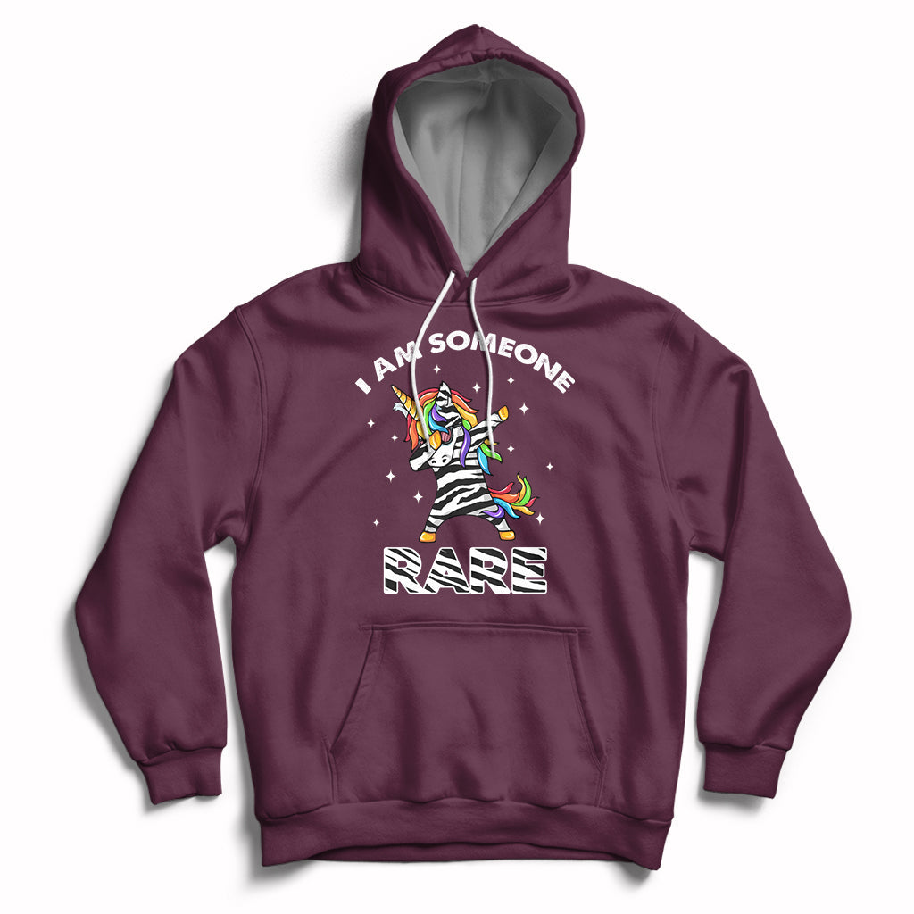 Maroon hoodie with rainbow zebra unicorn graphic, front pocket and drawstring hood