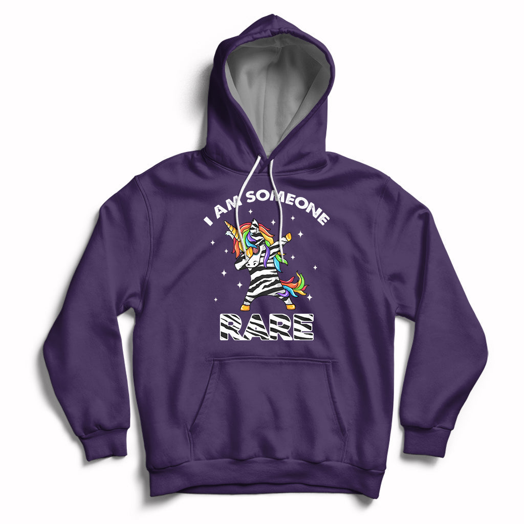 Purple hoodie with rainbow zebra unicorn graphic, front pocket and drawstring hood