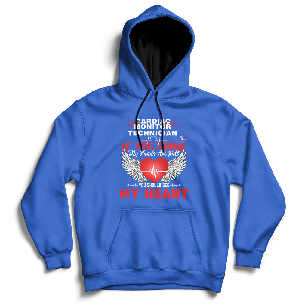 Royal blue pullover hoodie with front kangaroo pocket and “My Heart” graphic