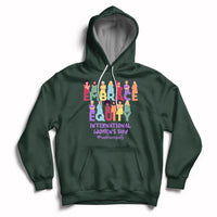Forest green pullover hoodie with front colorful 'Embrace Equity' and 'International Women's Day' graphic.