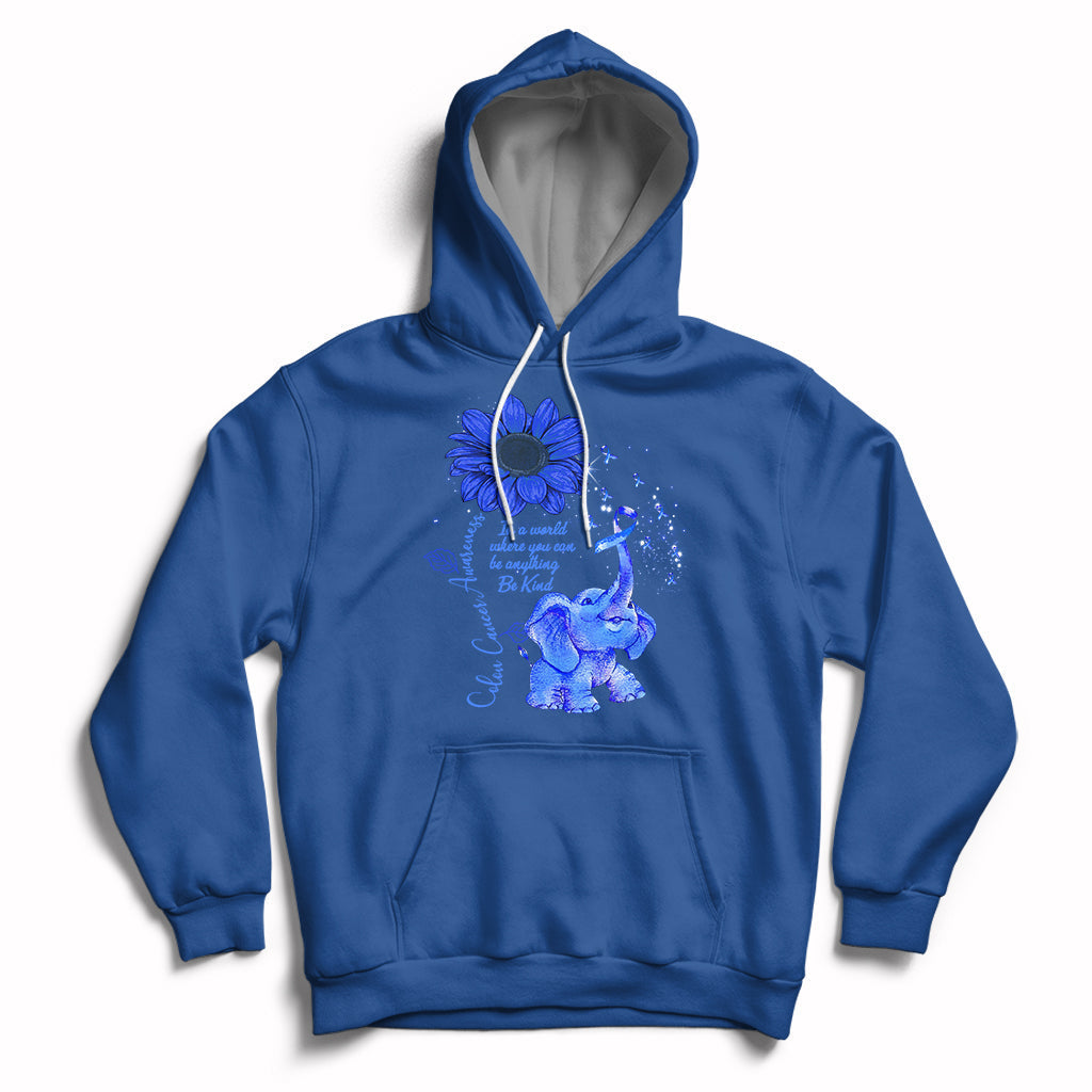 Colon Cancer Awareness CRC Sunflower Elephant Blue Ribbon Be Kind Hoodie - Wonder Print Shop