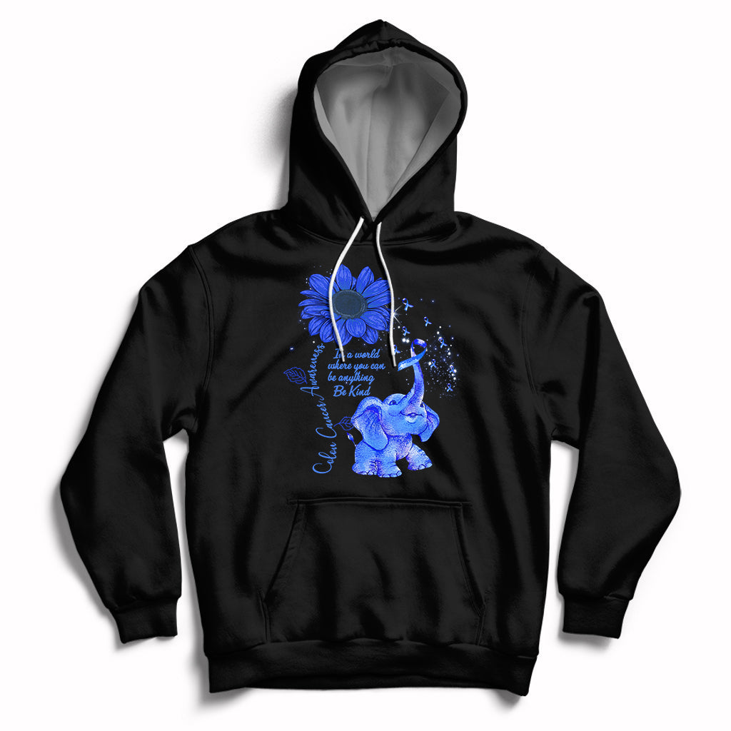 Colon Cancer Awareness CRC Sunflower Elephant Blue Ribbon Be Kind Hoodie - Wonder Print Shop