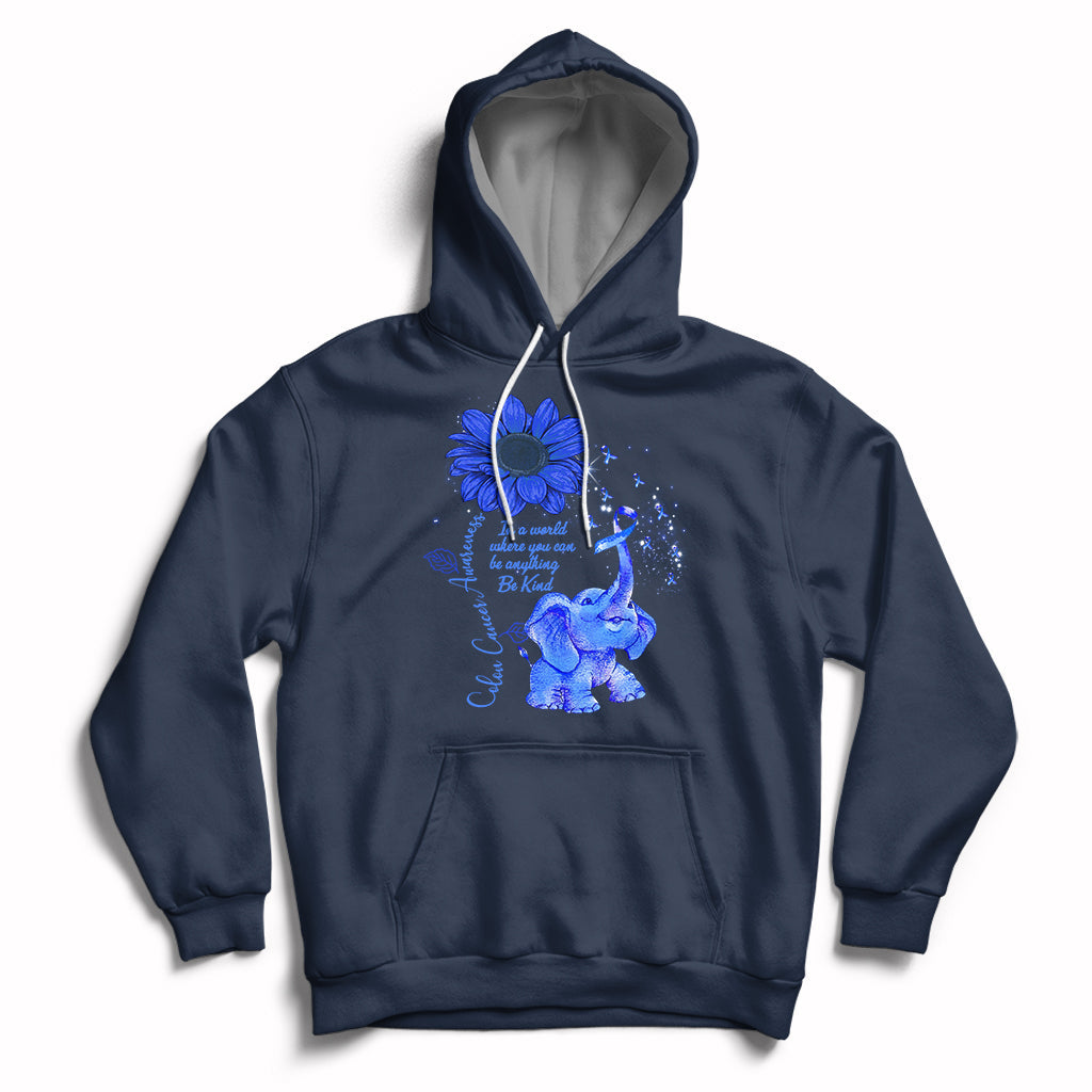 Colon Cancer Awareness CRC Sunflower Elephant Blue Ribbon Be Kind Hoodie - Wonder Print Shop