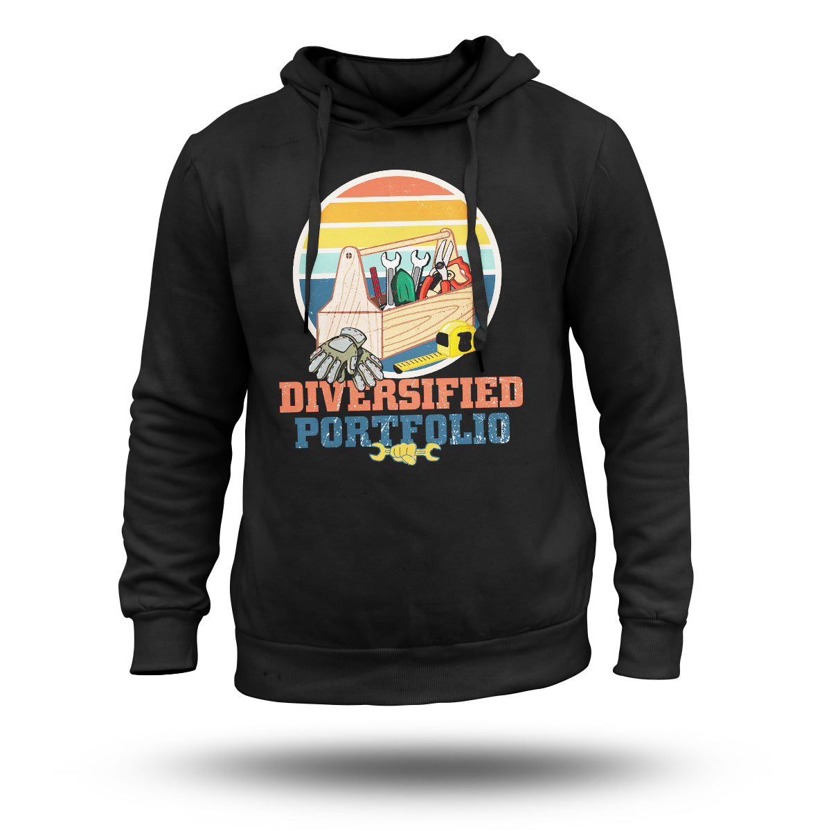 Black pullover hoodie with large circular Diversified Portfolio graphic on chest