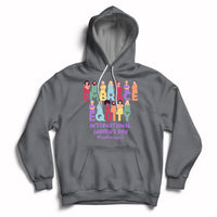 Charcoal gray pullover hoodie with front colorful 'Embrace Equity' and 'International Women's Day' graphic.