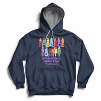 Navy pullover hoodie with front colorful 'Embrace Equity' and 'International Women's Day' graphic.