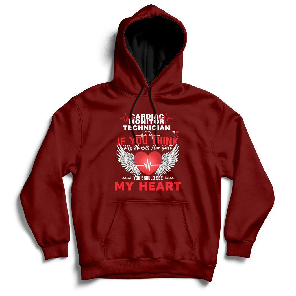 Maroon pullover hoodie with front kangaroo pocket and “My Heart” graphic