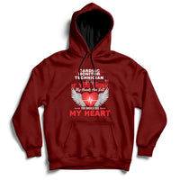Maroon pullover hoodie with front kangaroo pocket and “My Heart” graphic