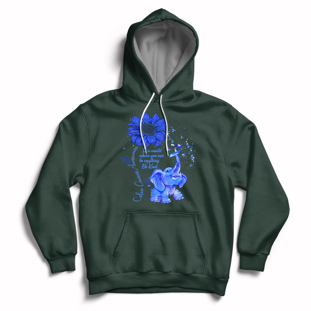 Colon Cancer Awareness CRC Sunflower Elephant Blue Ribbon Be Kind Hoodie - Wonder Print Shop
