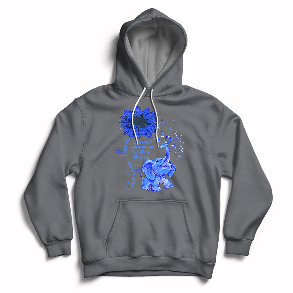 Colon Cancer Awareness CRC Sunflower Elephant Blue Ribbon Be Kind Hoodie - Wonder Print Shop