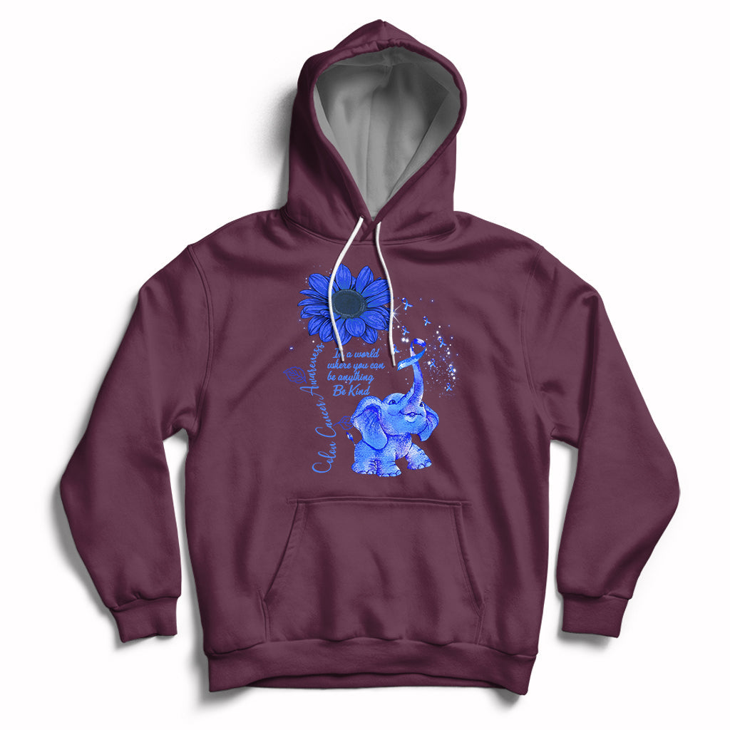 Colon Cancer Awareness CRC Sunflower Elephant Blue Ribbon Be Kind Hoodie - Wonder Print Shop