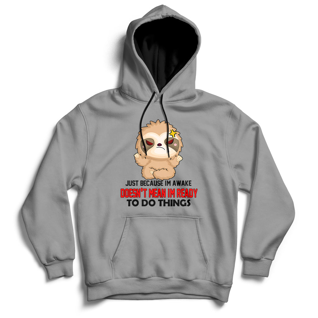Gray hoodie with front character graphic and slogan print on the chest.