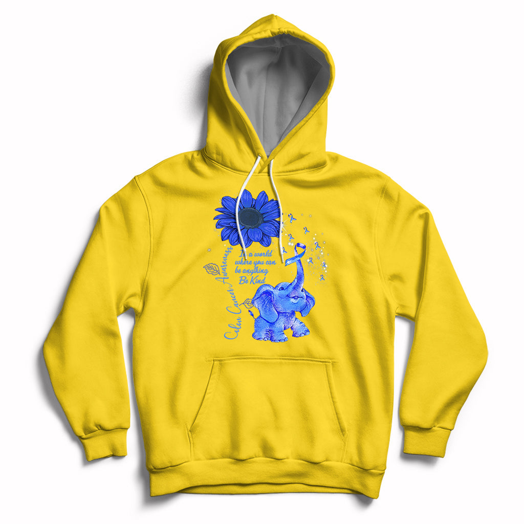 Colon Cancer Awareness CRC Sunflower Elephant Blue Ribbon Be Kind Hoodie - Wonder Print Shop