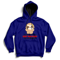 Navy blue hoodie with front character graphic and slogan print on the chest.